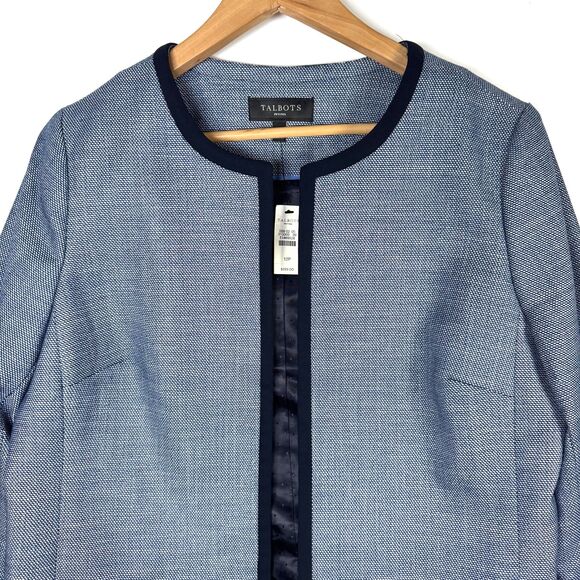 Talbots Blazer Womens 12P Blue Textured Open Front Contrast Trim Detail Jacket - Picture 2 of 13